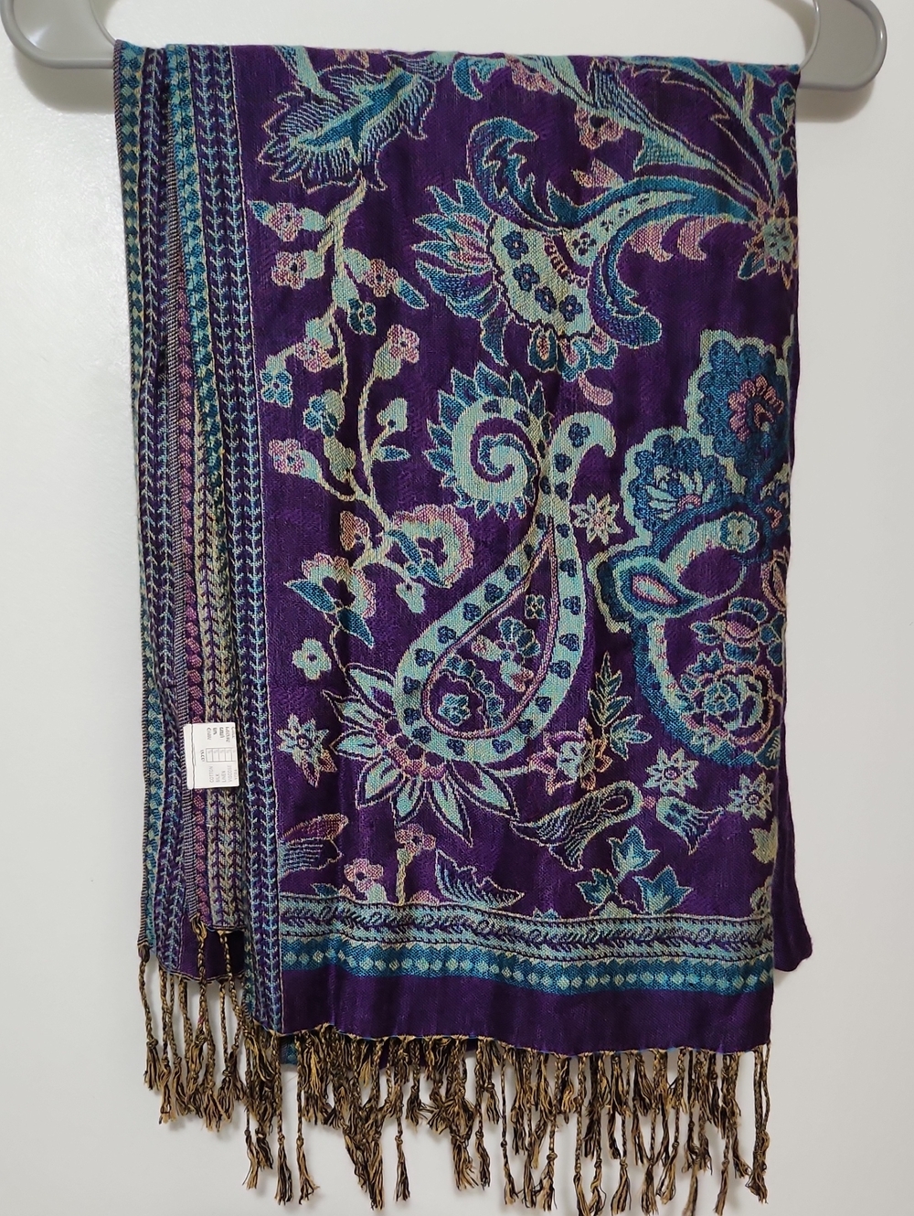 VTG Colorful Woven Scarf with Purple and Teal Accents 100% Wool